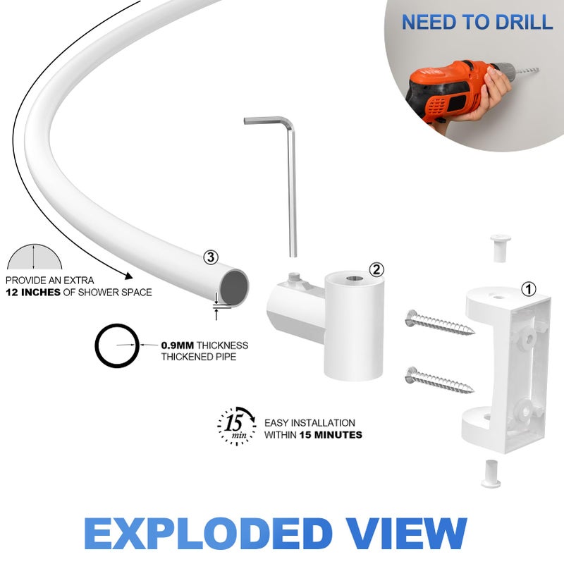 PrettyHome Curved Shower Curtain Rod For Bathroom 38-72 Inches, Adjustable Length, Curved Shower Rod, Metal Rods&Brackets, Round Shower Curtain Rods, Rotate Bracket For Large Shower Space, Need Drilling, White - Image 5